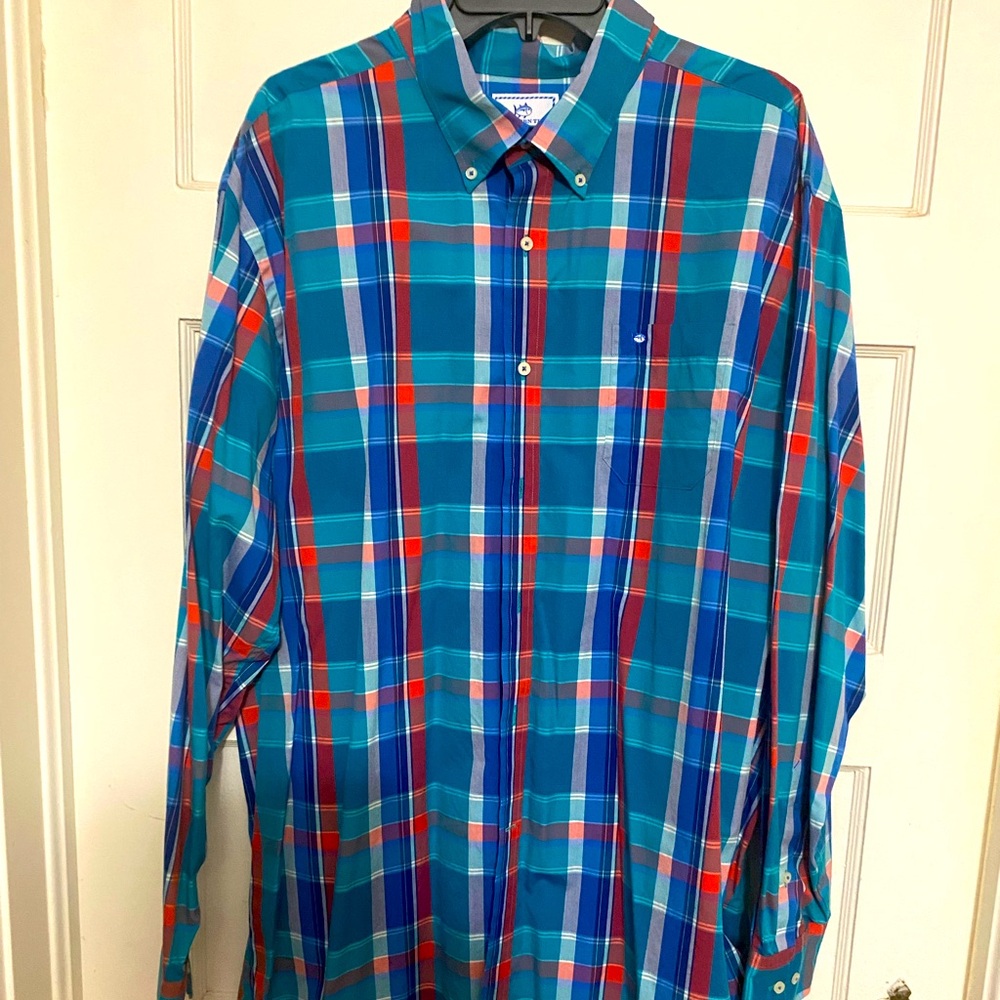 Southern Tide long sleeve plaid shirt 2XL RED, Blue and Turquoise.